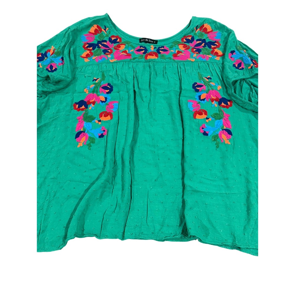 See n Be Seen + Green Swiss Dot‎ Floral Embroidered Blouse Plus Size 2X Boho Top
